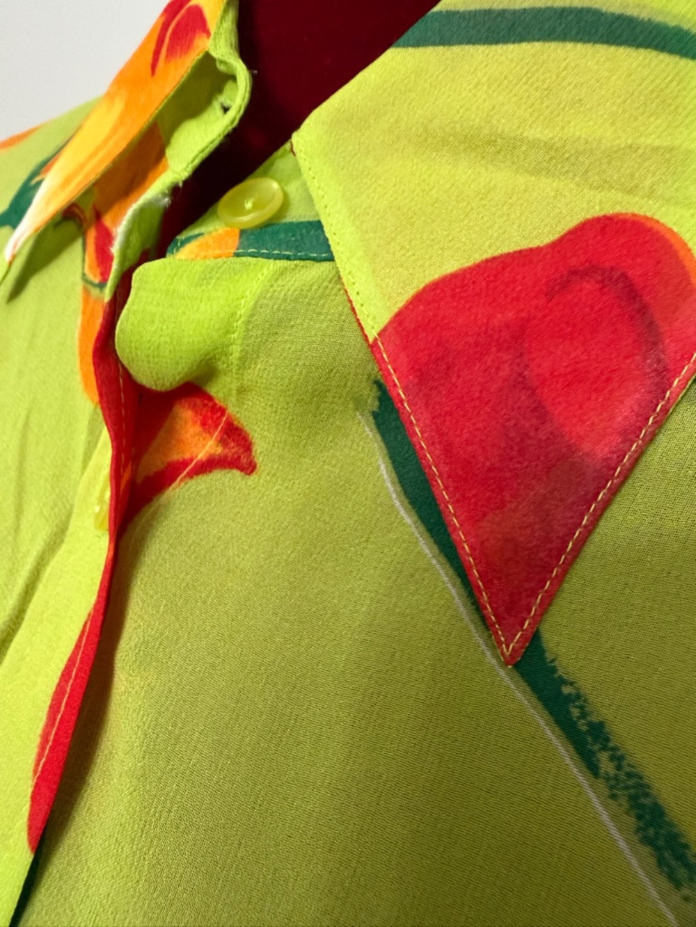 Vintage Caché 100% Silk Blouse M Lime Green Orange Poppy Floral Sheer Y2K 90s - Picture 3 of 8